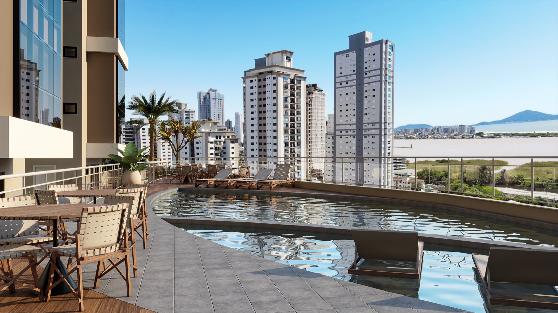 Perspectiva ilustrativa da piscina e do deck do Bothanic Club Residence